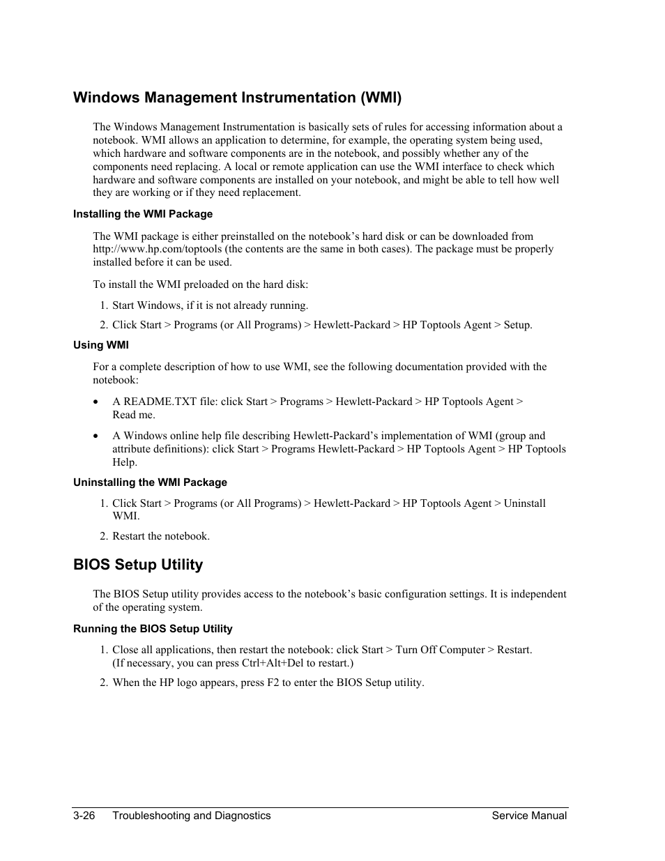 Windows management instrumentation (wmi), Bios setup utility, Windows management instrumentation (wmi) -26 | Bios setup utility -26 | HP ze4200 User Manual | Page 99 / 126