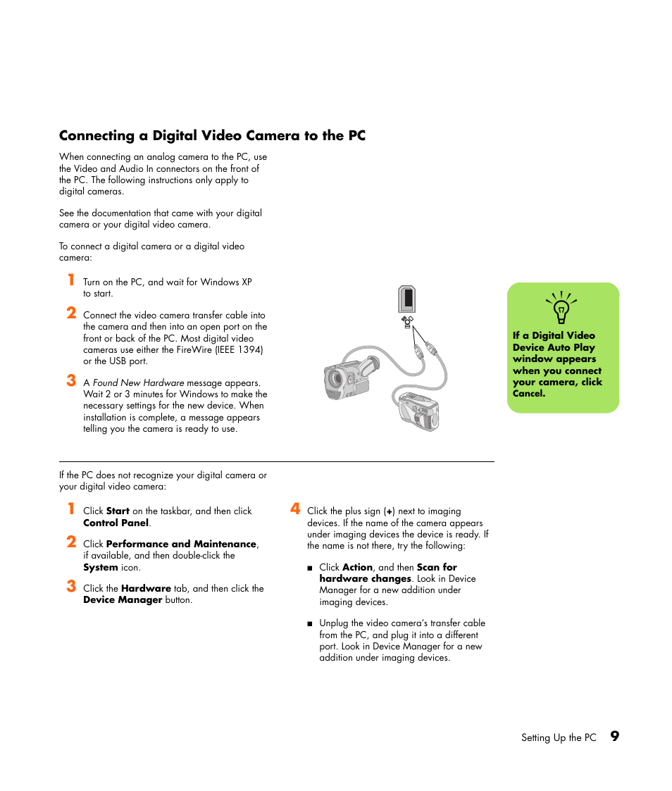 Connecting a digital video camera to the pc | HP Getting Started Guide User Manual | Page 13 / 80