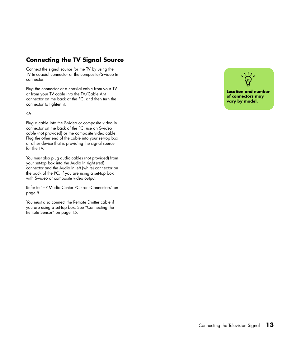 Connecting the tv signal source | HP Getting Started Guide User Manual | Page 17 / 80