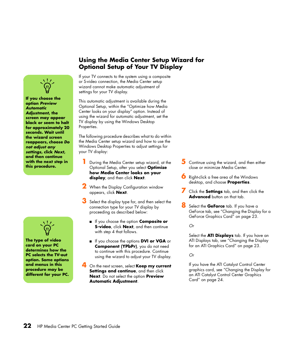 Using the media center setup wizard for, Optional setup of your tv display | HP Getting Started Guide User Manual | Page 26 / 80