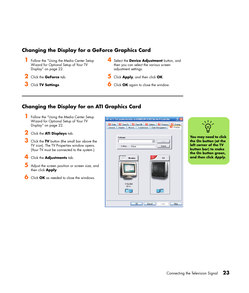 Changing the display for a geforce graphics card, Changing the display for an ati graphics card | HP Getting Started Guide User Manual | Page 27 / 80