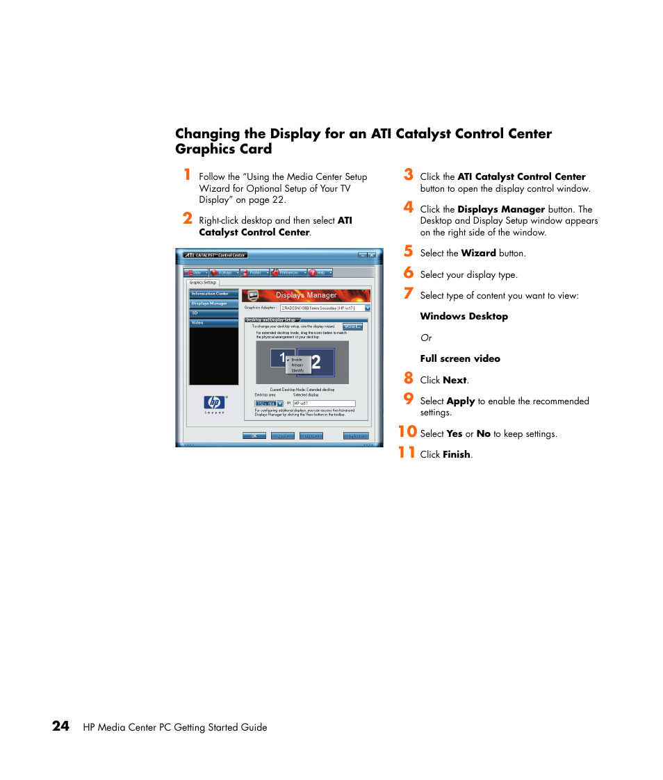 Changing the display for an ati catalyst, Control center graphics card | HP Getting Started Guide User Manual | Page 28 / 80