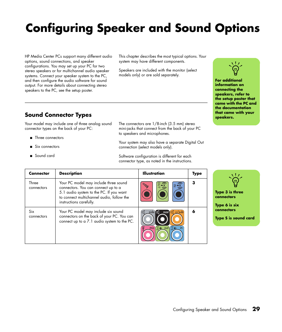 Configuring speaker and sound options, Sound connector types, Configuring speaker and | Sound options | HP Getting Started Guide User Manual | Page 33 / 80