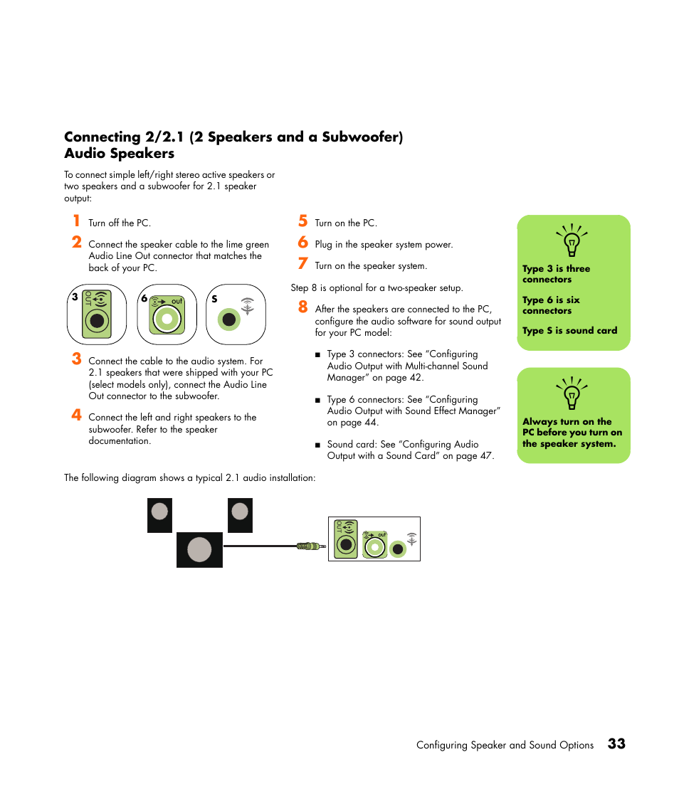 Connecting 2/2.1 (2 speakers and a subwoofer), Audio speakers | HP Getting Started Guide User Manual | Page 37 / 80