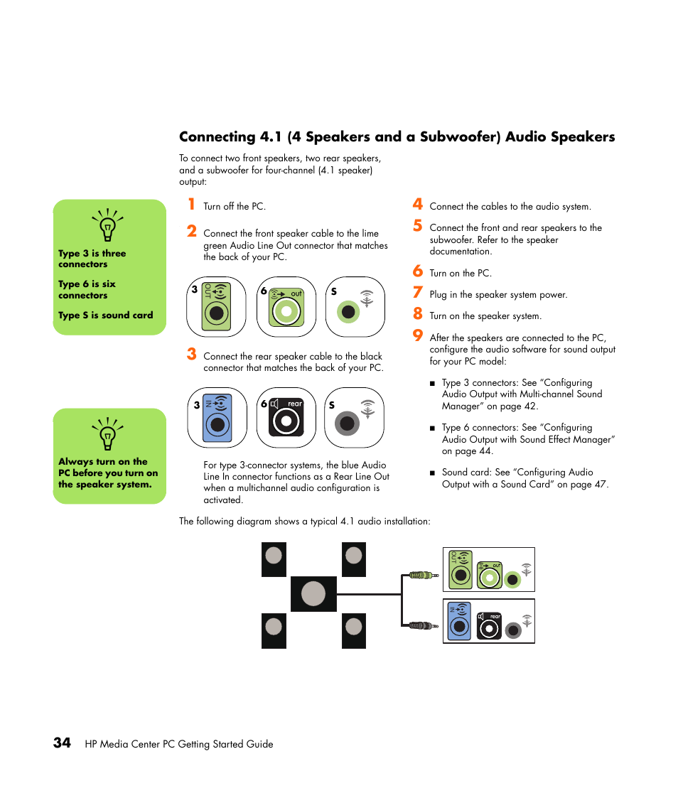 Connecting 4.1 (4 speakers and a subwoofer), Audio speakers | HP Getting Started Guide User Manual | Page 38 / 80