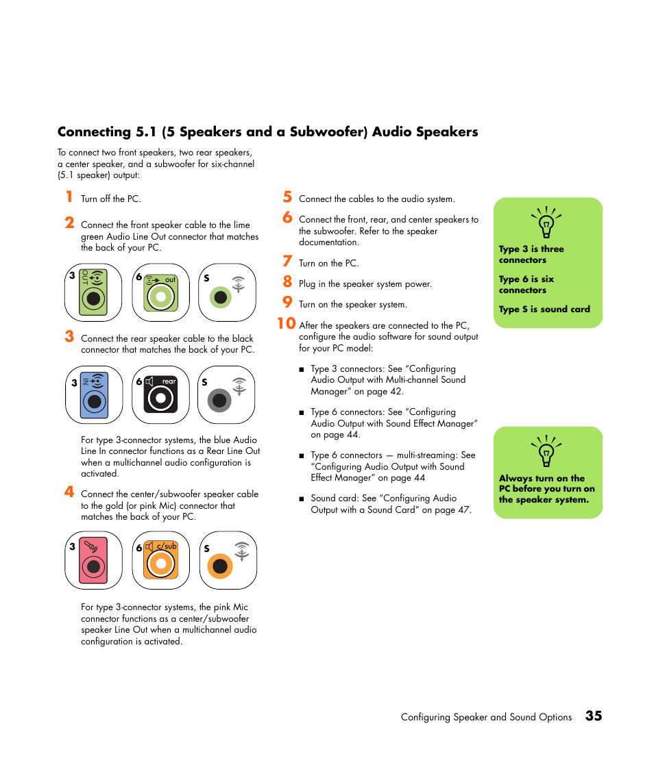 Connecting 5.1 (5 speakers and a subwoofer), Audio speakers | HP Getting Started Guide User Manual | Page 39 / 80