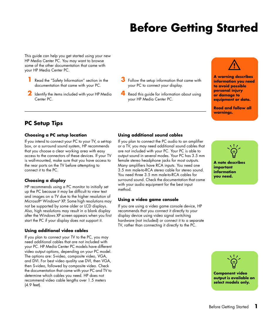 Before getting started, Pc setup tips | HP Getting Started Guide User Manual | Page 5 / 80