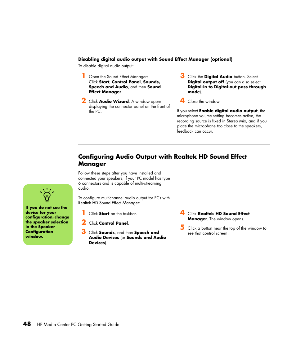 Configuring audio output with realtek hd, Sound effect manager | HP Getting Started Guide User Manual | Page 52 / 80