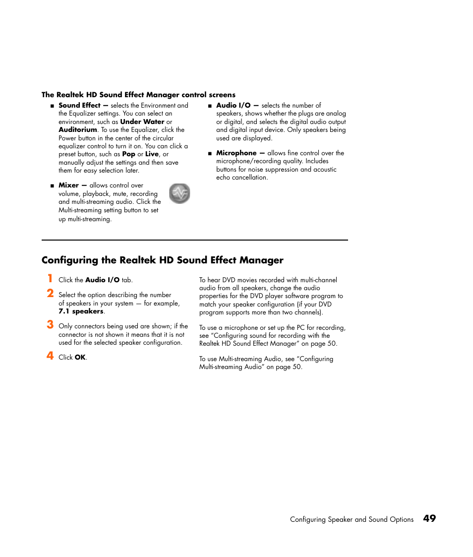 Configuring the realtek hd sound effect manager | HP Getting Started Guide User Manual | Page 53 / 80
