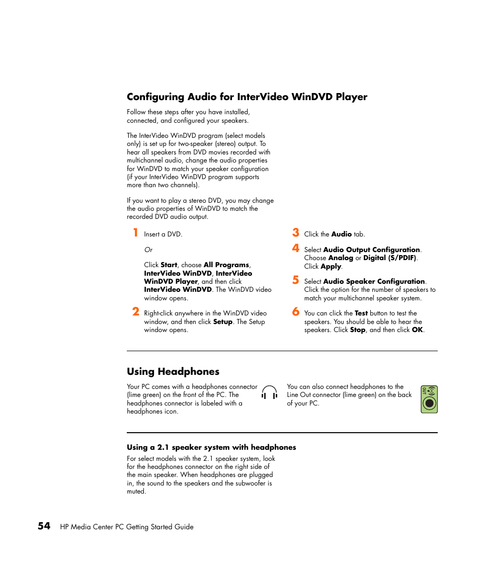 Configuring audio for intervideo windvd player, Using headphones | HP Getting Started Guide User Manual | Page 58 / 80