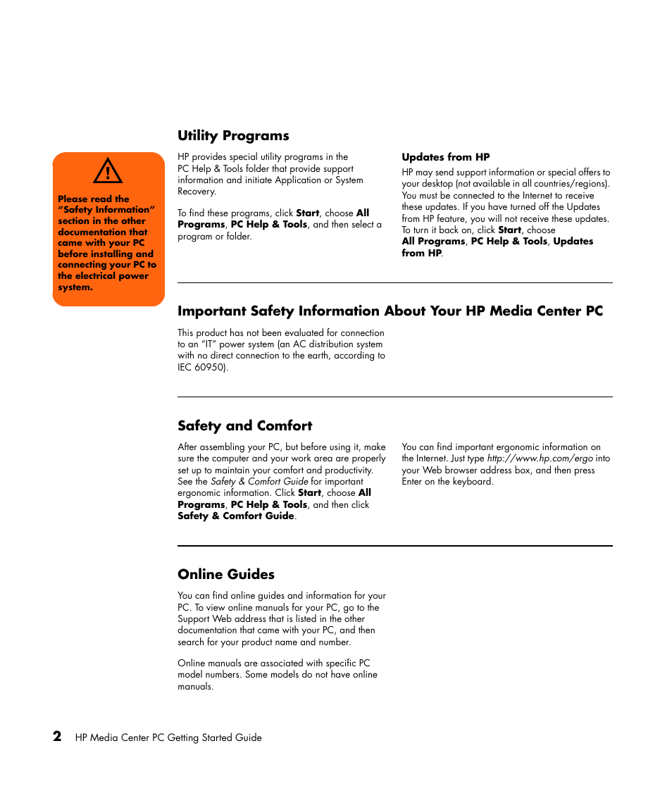 Utility programs, Safety and comfort, Online guides | Hp media center pc, Safety and comfort online guides | HP Getting Started Guide User Manual | Page 6 / 80