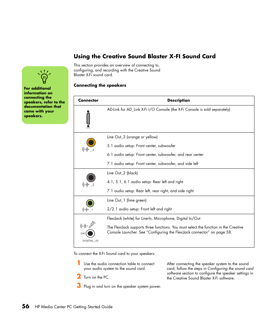 Using the creative sound blaster x-fi sound card | HP Getting Started Guide User Manual | Page 60 / 80