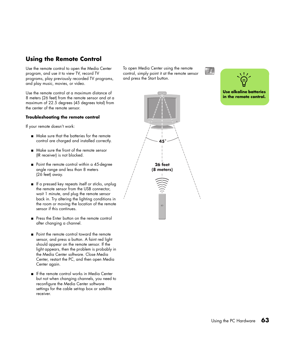 Using the remote control, 63 using the remote control | HP Getting Started Guide User Manual | Page 67 / 80