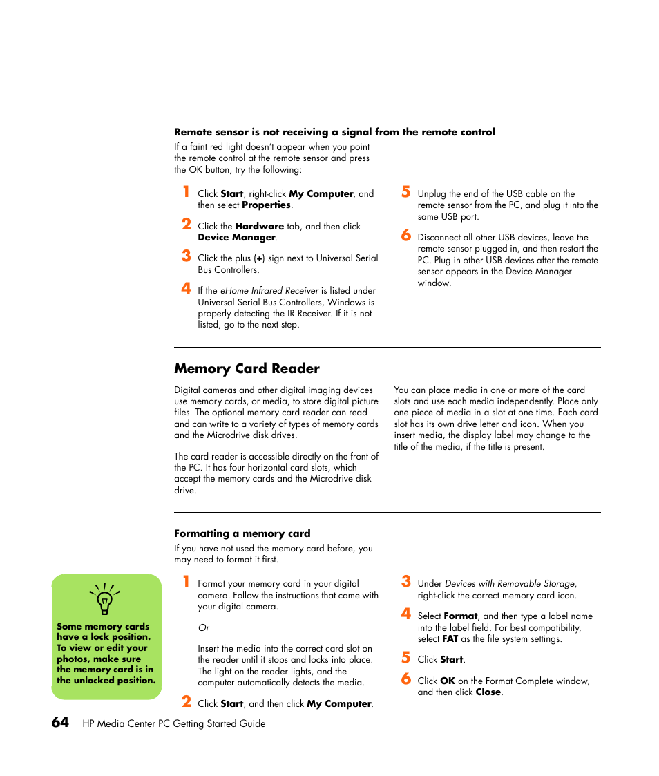 Memory card reader | HP Getting Started Guide User Manual | Page 68 / 80