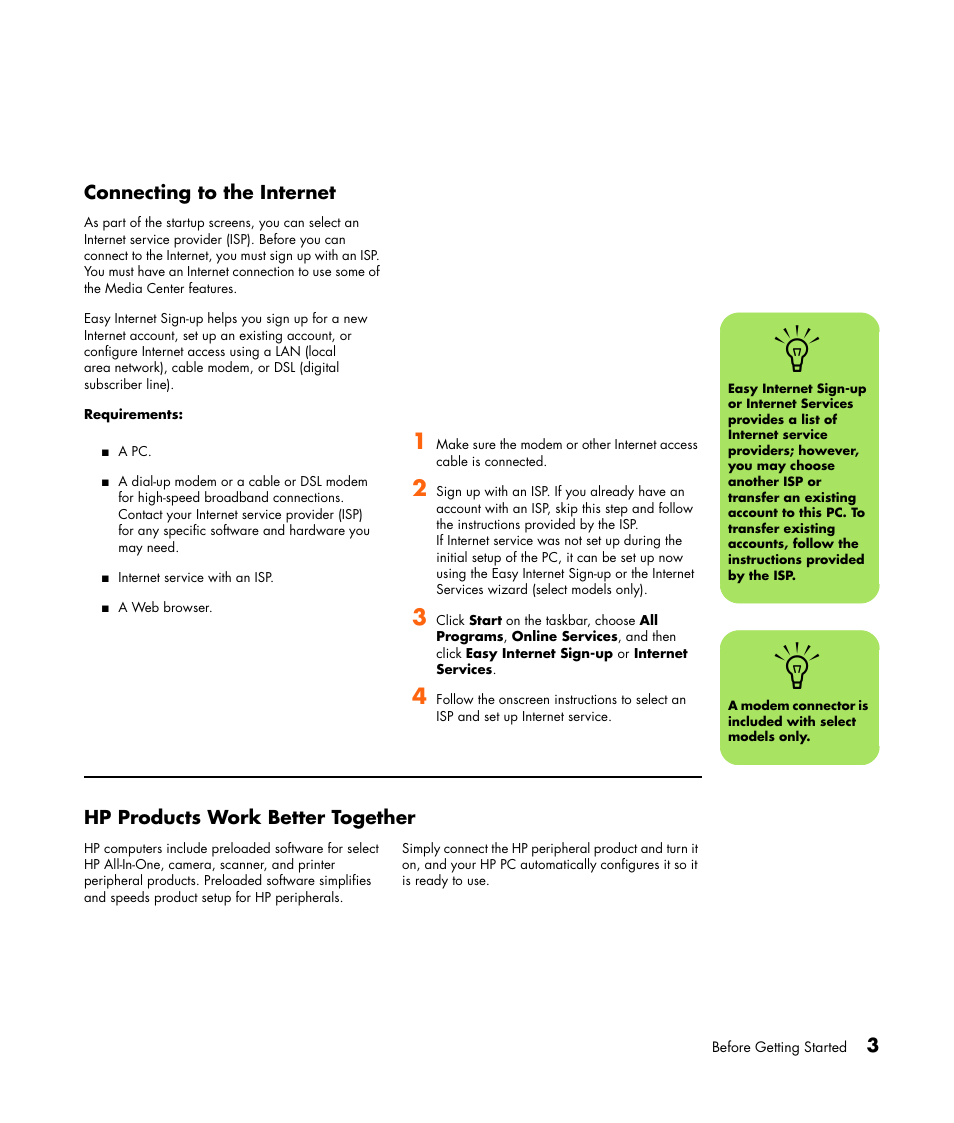 Connecting to the internet, Hp products work better together | HP Getting Started Guide User Manual | Page 7 / 80