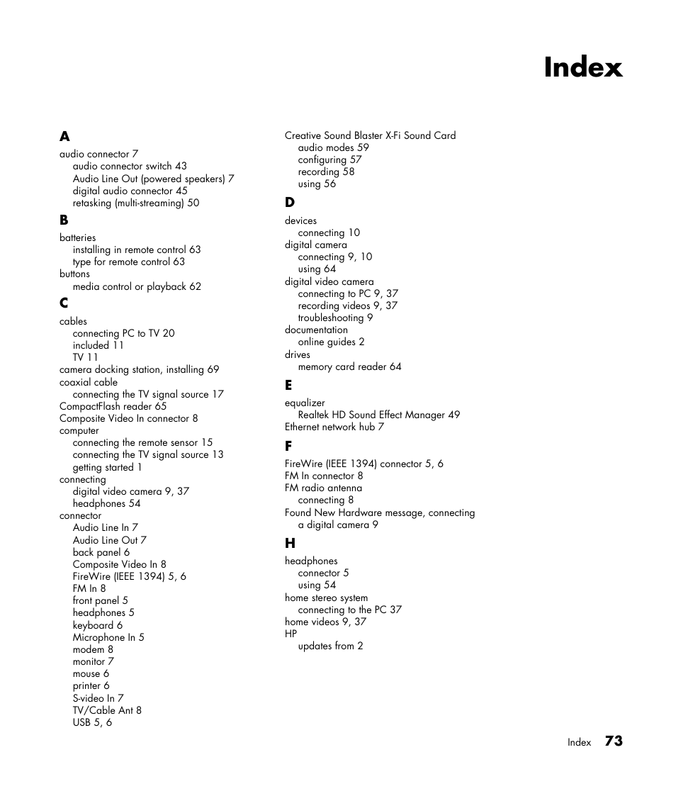 Index | HP Getting Started Guide User Manual | Page 77 / 80