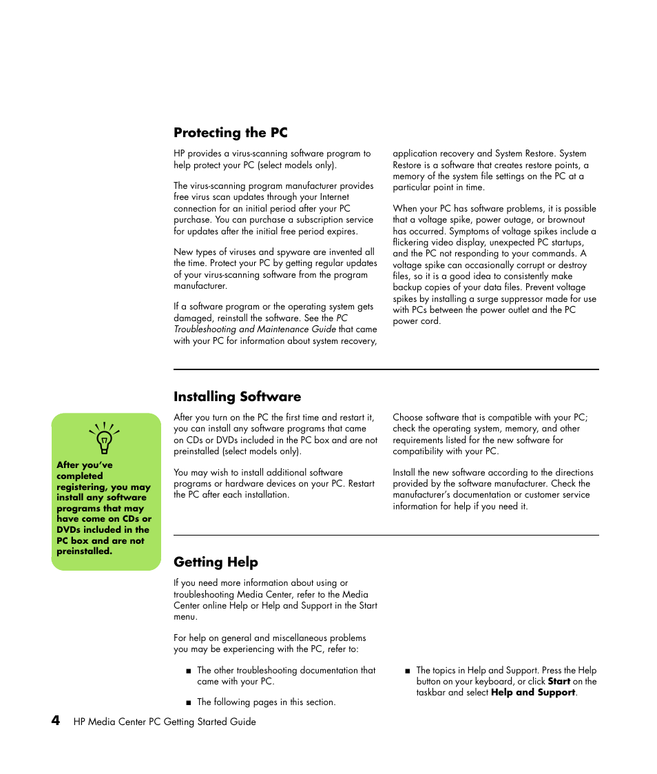 Protecting the pc, Installing software, Getting help | Protecting the pc installing software getting help | HP Getting Started Guide User Manual | Page 8 / 80