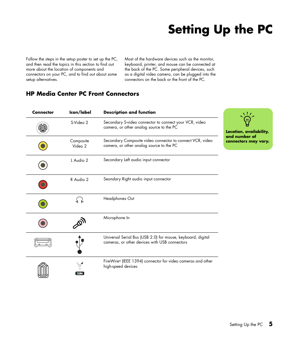 Setting up the pc, Hp media center pc front connectors | HP Getting Started Guide User Manual | Page 9 / 80