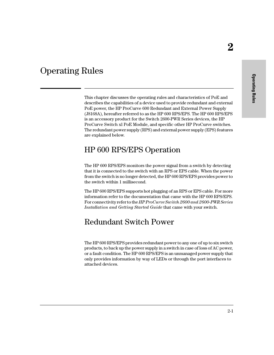 Operating rules, Hp 600 rps/eps operation, Redundant switch power | 2 operating rules, Hp 600 rps/eps operation -1, Redundant switch power -1 | HP procurve J8164A User Manual | Page 11 / 32