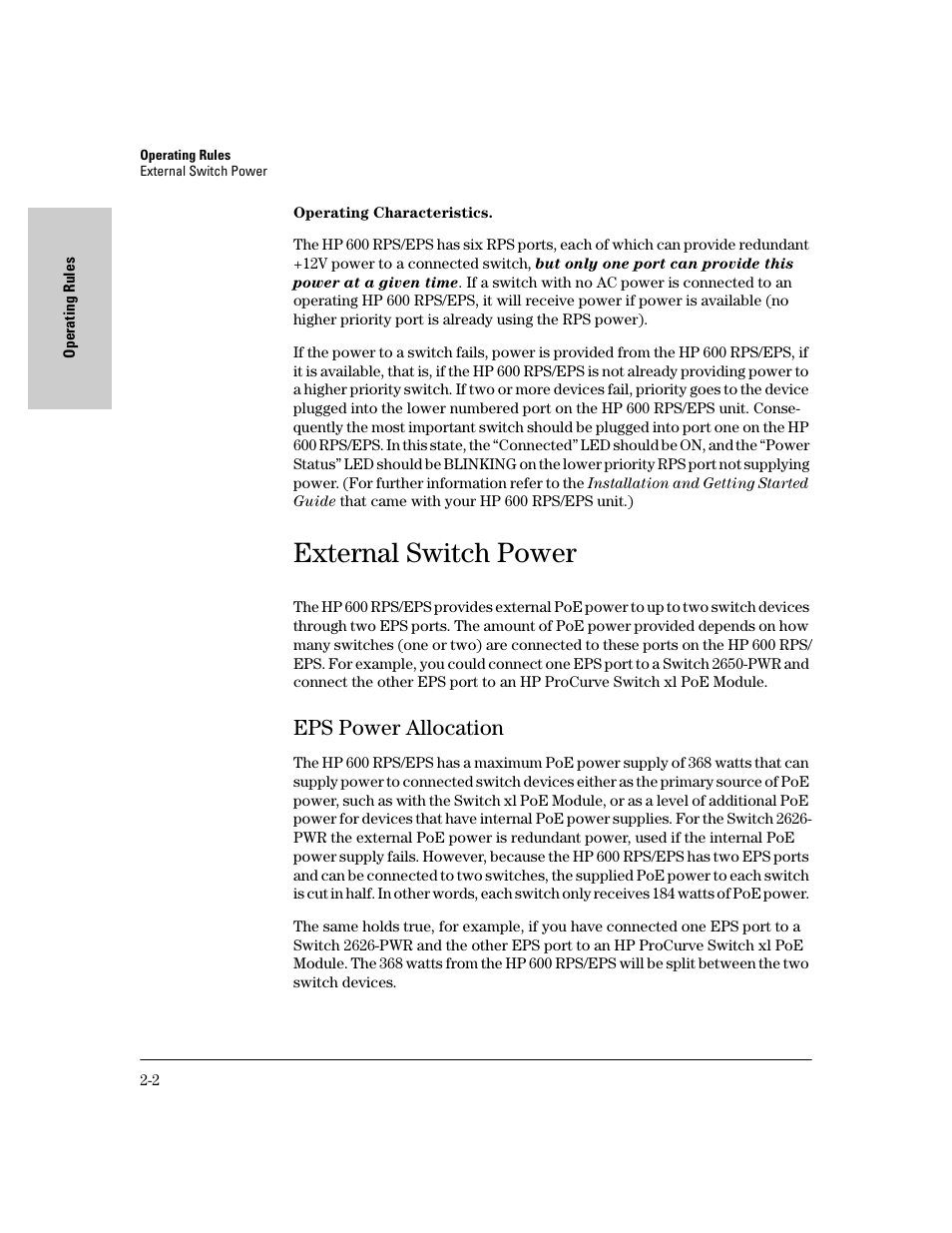External switch power, Eps power allocation, External switch power -2 | Eps power allocation -2 | HP procurve J8164A User Manual | Page 12 / 32