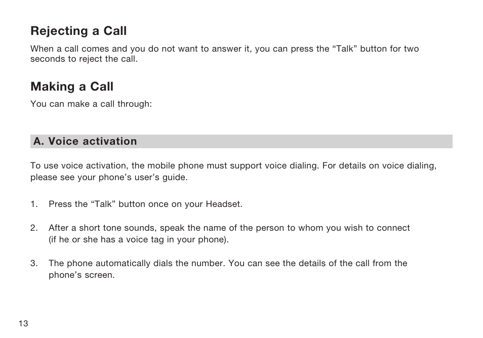 Rejecting a call, Making a call | HP F8T064UKHP User Manual | Page 16 / 26