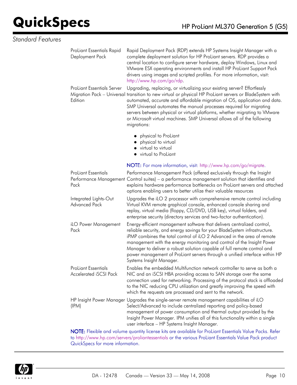 Quickspecs | HP ProLiant ML370 User Manual | Page 10 / 49