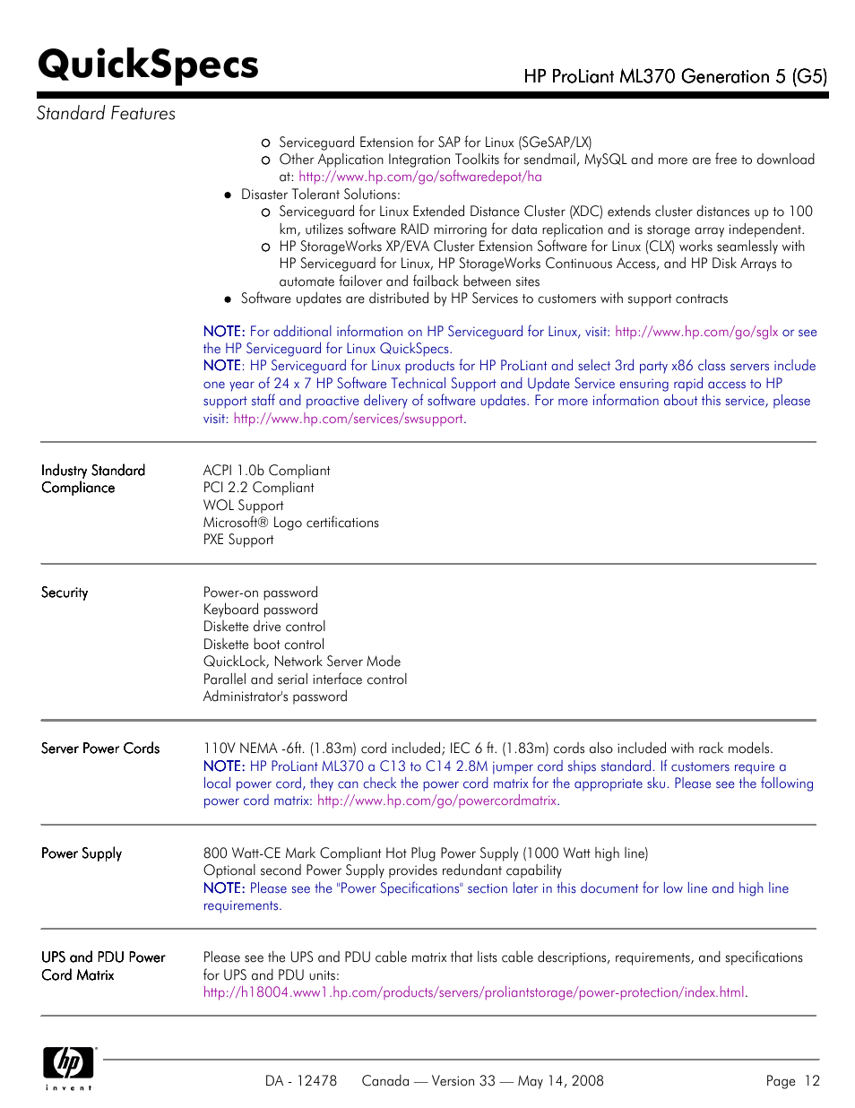Quickspecs | HP ProLiant ML370 User Manual | Page 12 / 49