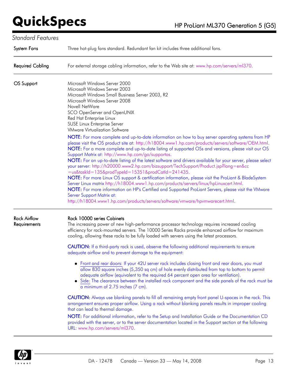 Quickspecs | HP ProLiant ML370 User Manual | Page 13 / 49