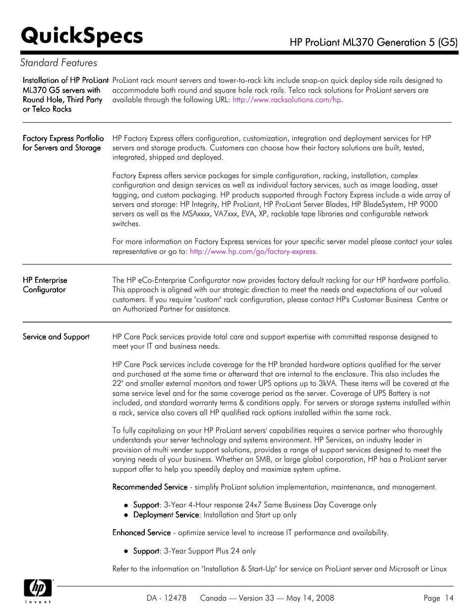 Quickspecs | HP ProLiant ML370 User Manual | Page 14 / 49