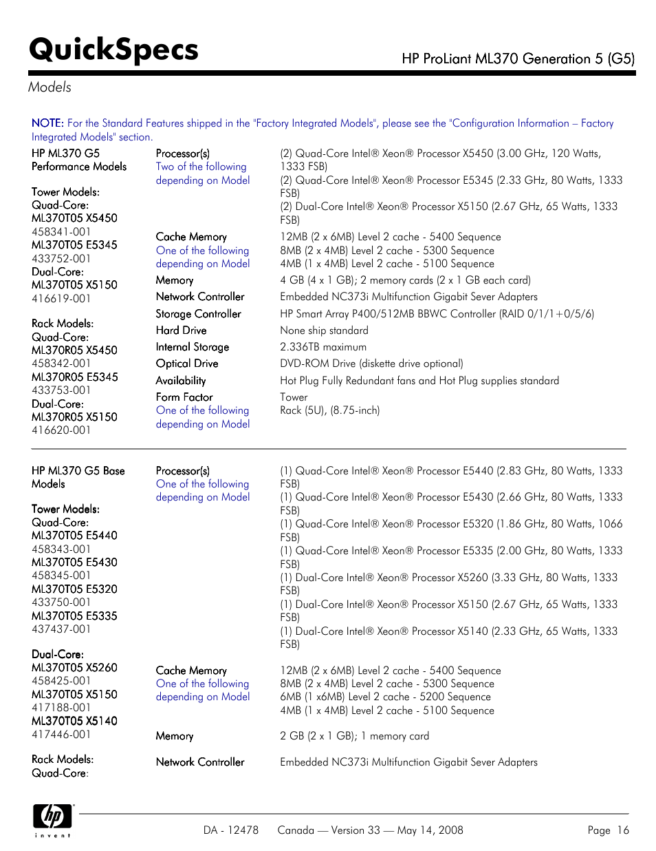 Models, Quickspecs | HP ProLiant ML370 User Manual | Page 16 / 49