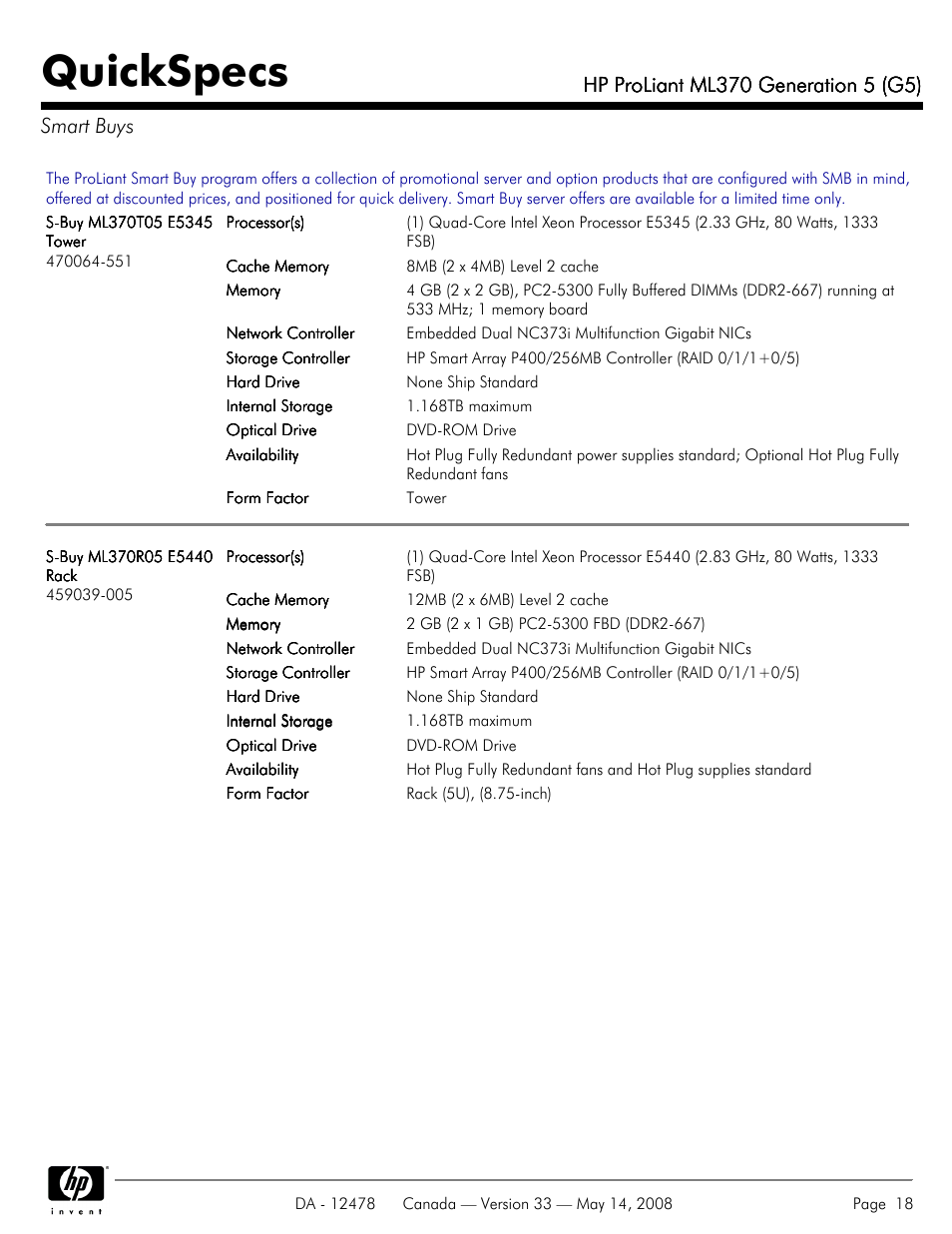 Smart buys, Quickspecs | HP ProLiant ML370 User Manual | Page 18 / 49