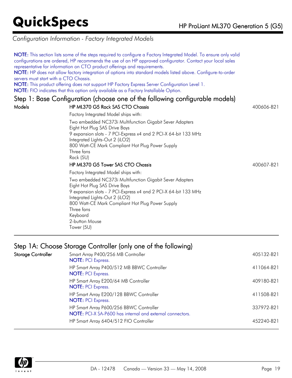 Quickspecs | HP ProLiant ML370 User Manual | Page 19 / 49