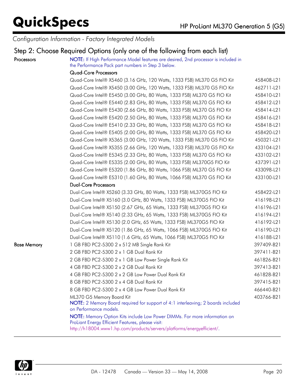 Quickspecs | HP ProLiant ML370 User Manual | Page 20 / 49
