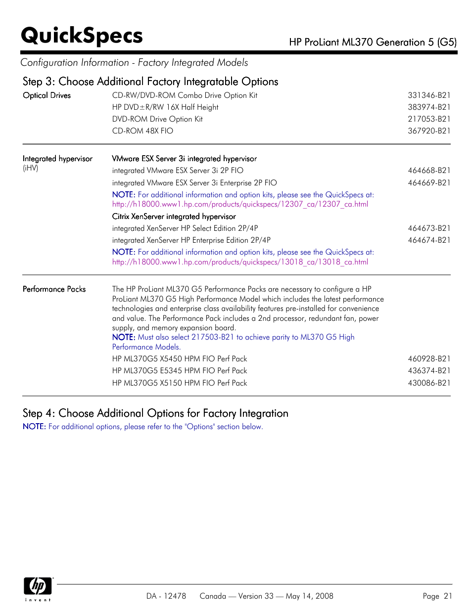 Quickspecs | HP ProLiant ML370 User Manual | Page 21 / 49