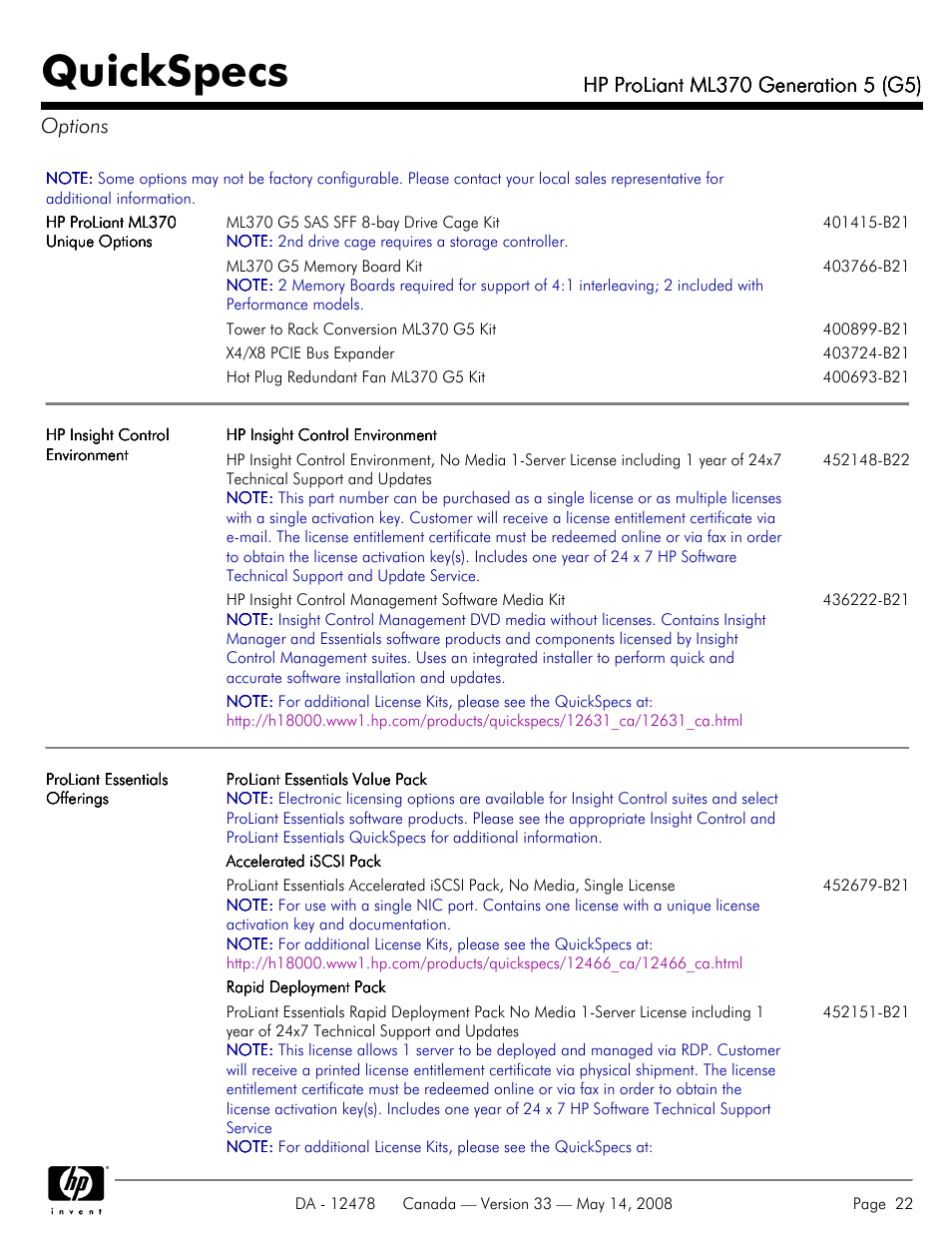 Options, Quickspecs | HP ProLiant ML370 User Manual | Page 22 / 49