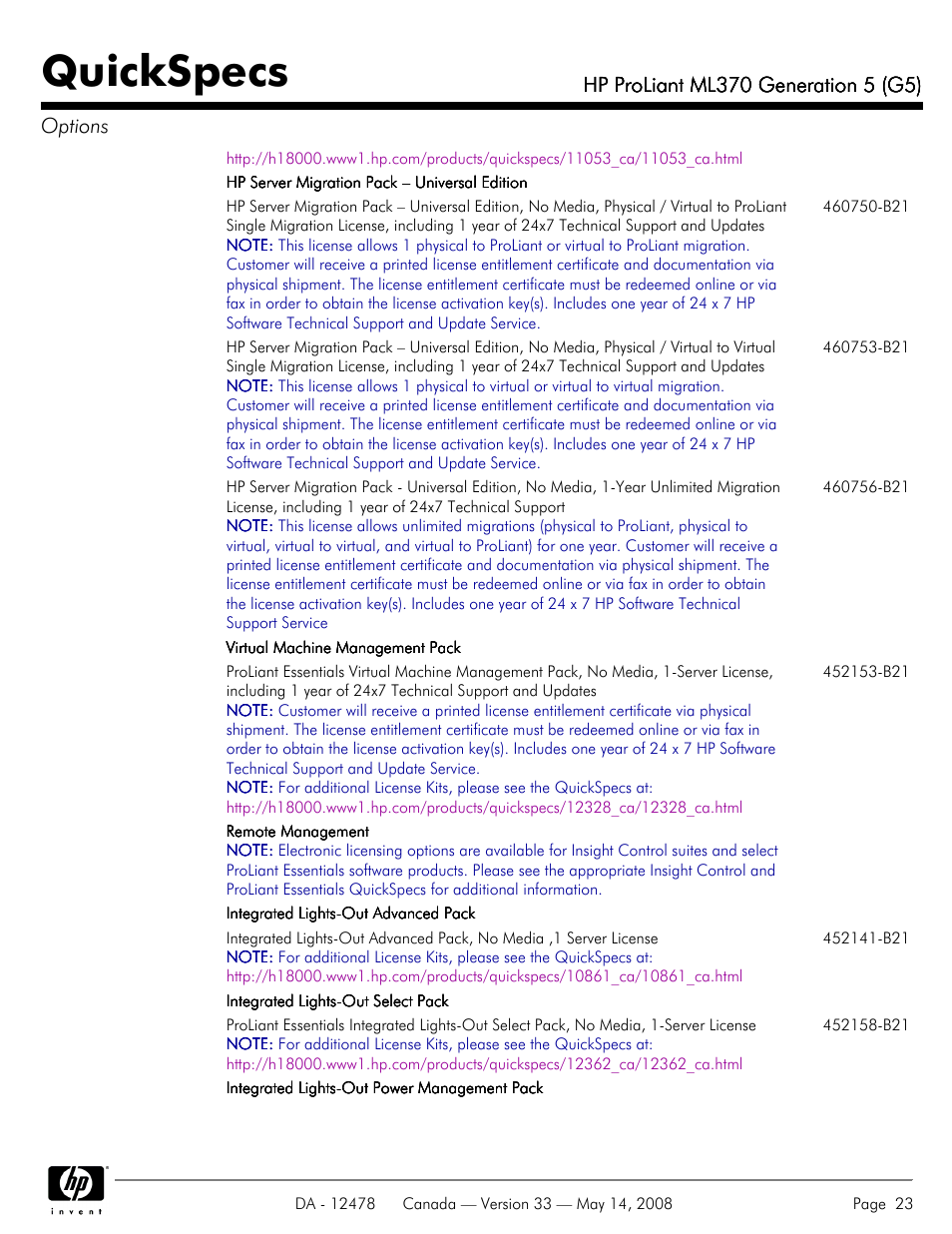 Quickspecs | HP ProLiant ML370 User Manual | Page 23 / 49