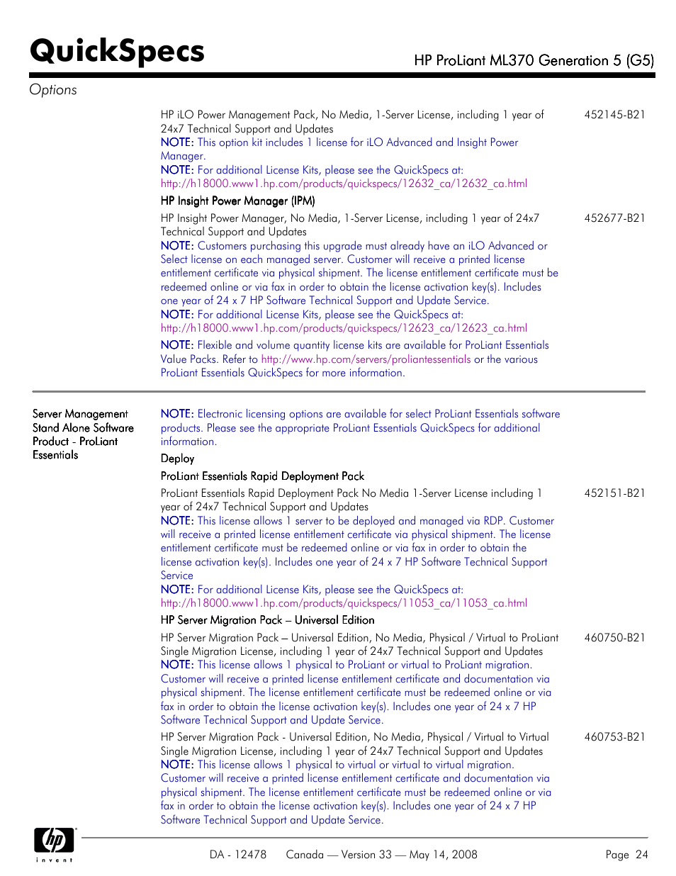 Quickspecs | HP ProLiant ML370 User Manual | Page 24 / 49