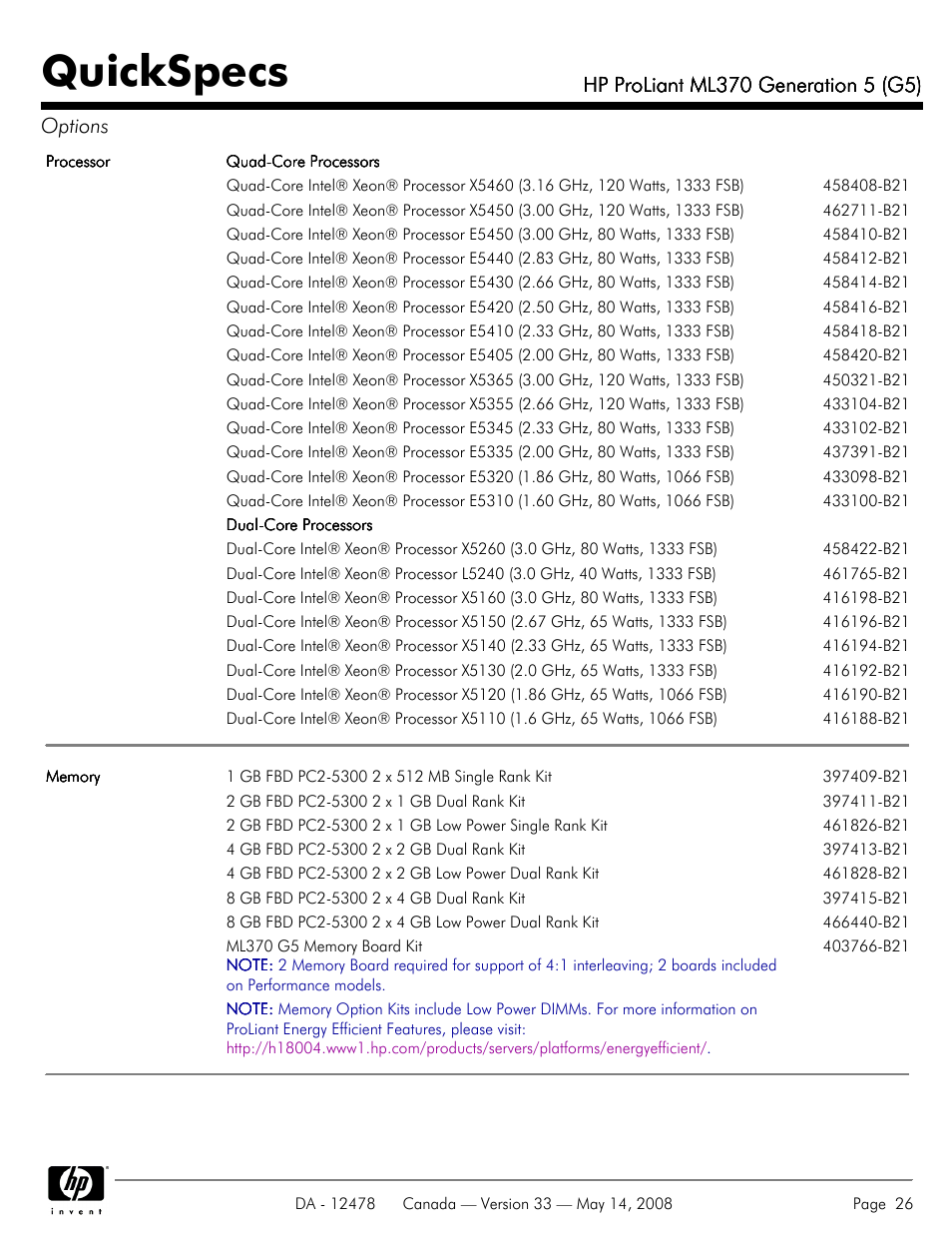Quickspecs | HP ProLiant ML370 User Manual | Page 26 / 49