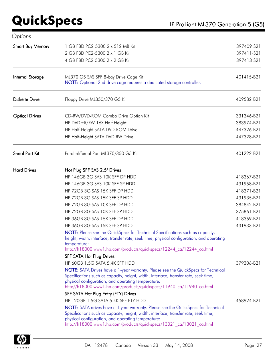 Quickspecs | HP ProLiant ML370 User Manual | Page 27 / 49