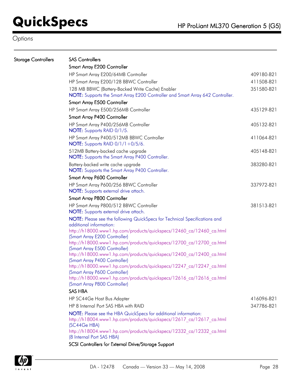 Quickspecs | HP ProLiant ML370 User Manual | Page 28 / 49