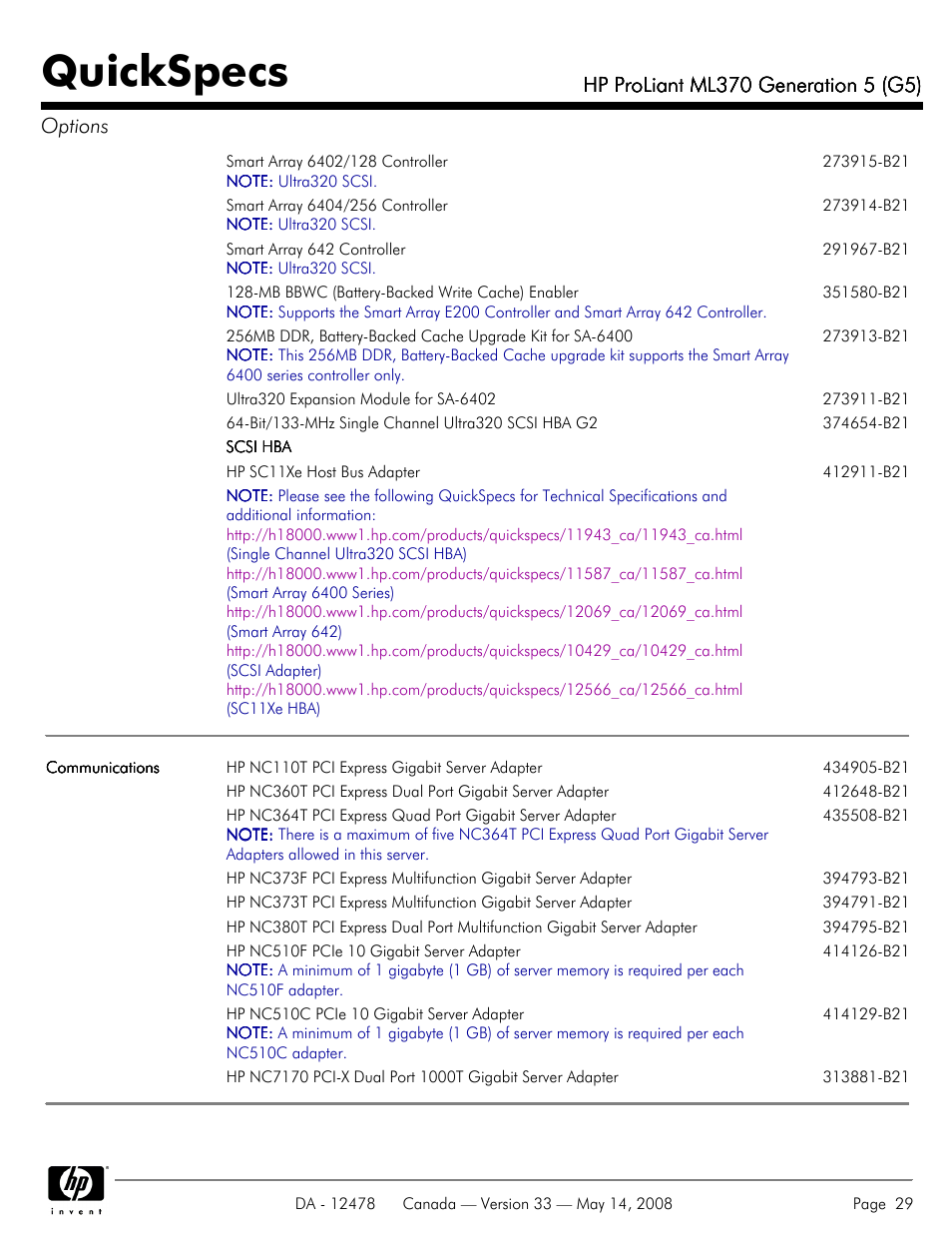 Quickspecs | HP ProLiant ML370 User Manual | Page 29 / 49