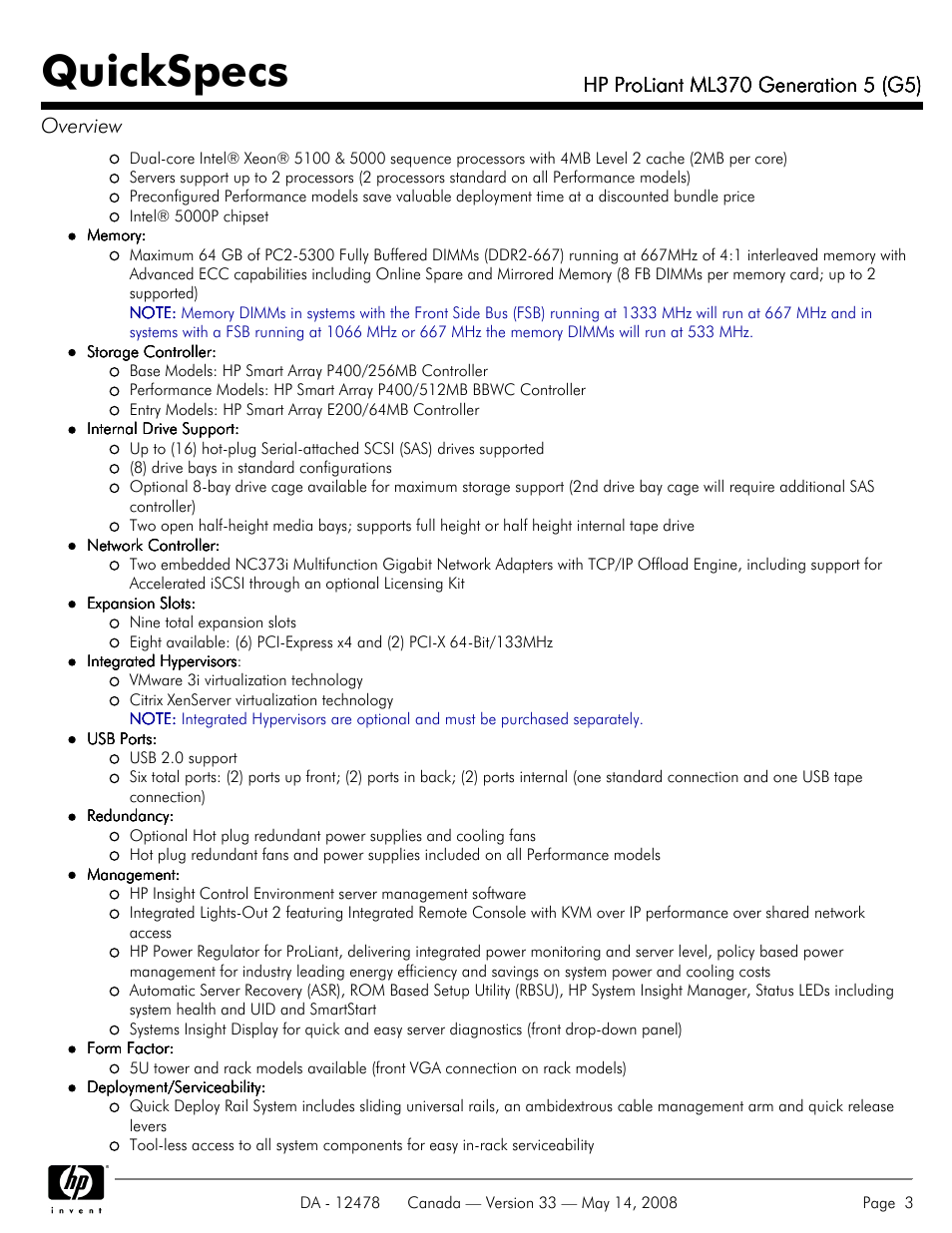 Quickspecs | HP ProLiant ML370 User Manual | Page 3 / 49