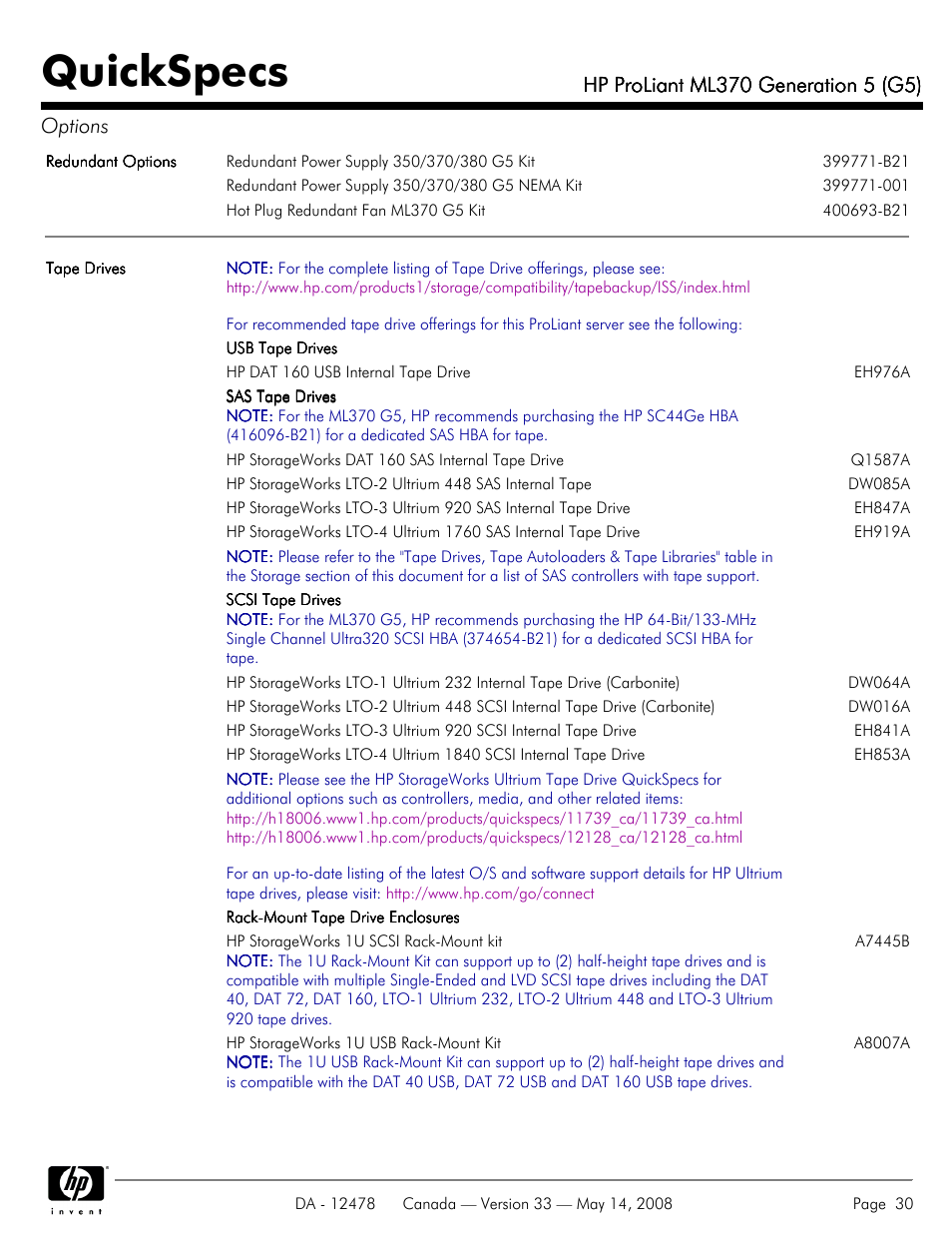 Quickspecs | HP ProLiant ML370 User Manual | Page 30 / 49