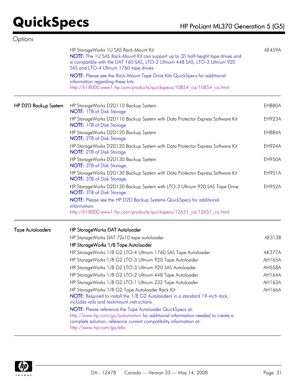 Quickspecs | HP ProLiant ML370 User Manual | Page 31 / 49