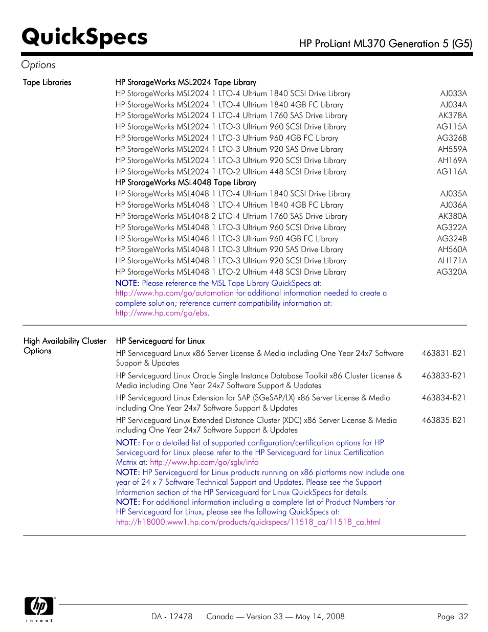 Quickspecs | HP ProLiant ML370 User Manual | Page 32 / 49
