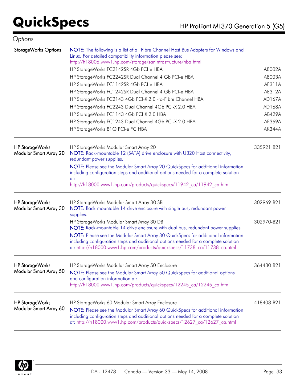 Quickspecs | HP ProLiant ML370 User Manual | Page 33 / 49