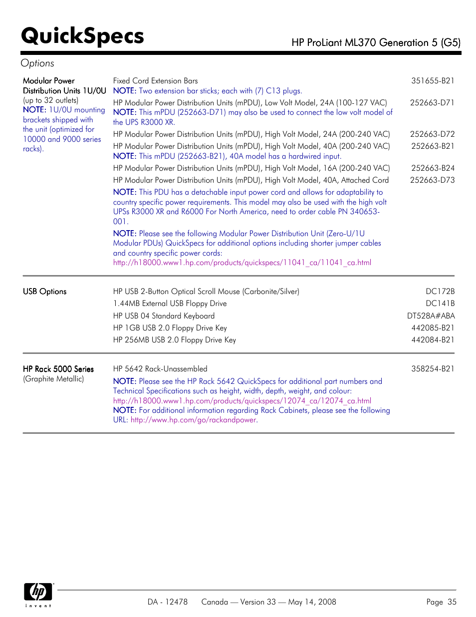 Quickspecs | HP ProLiant ML370 User Manual | Page 35 / 49
