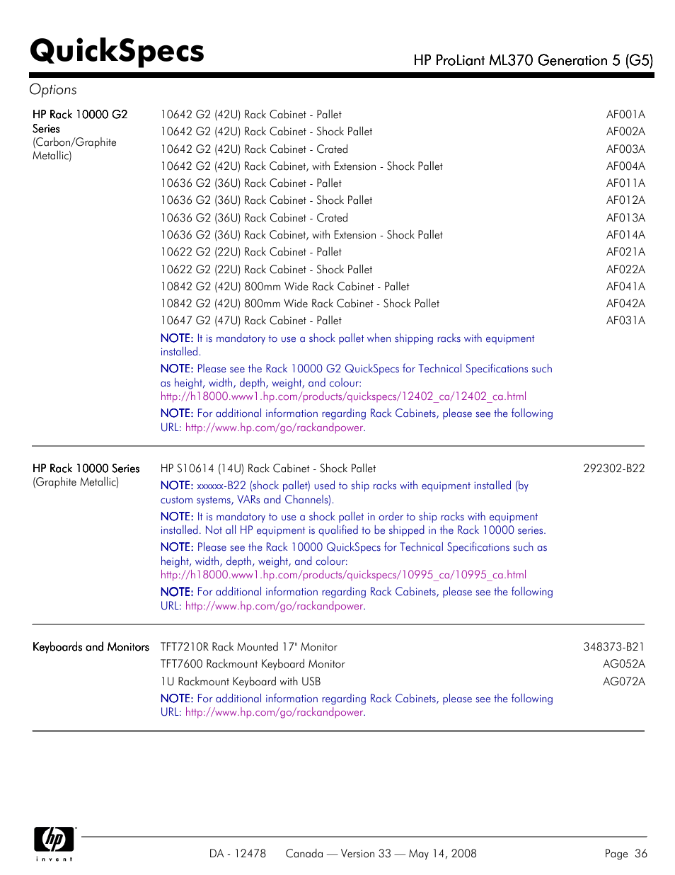 Quickspecs | HP ProLiant ML370 User Manual | Page 36 / 49