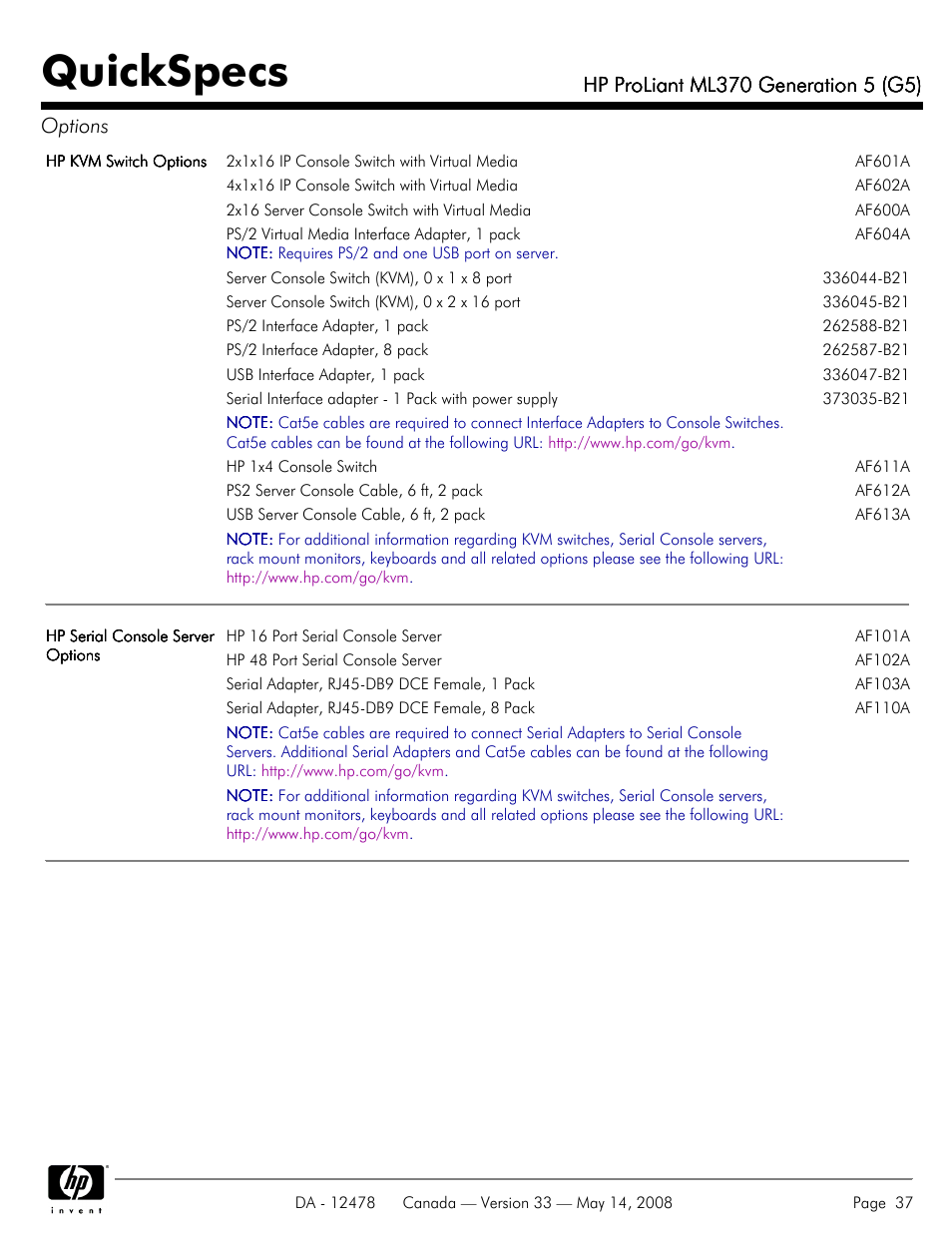 Quickspecs | HP ProLiant ML370 User Manual | Page 37 / 49