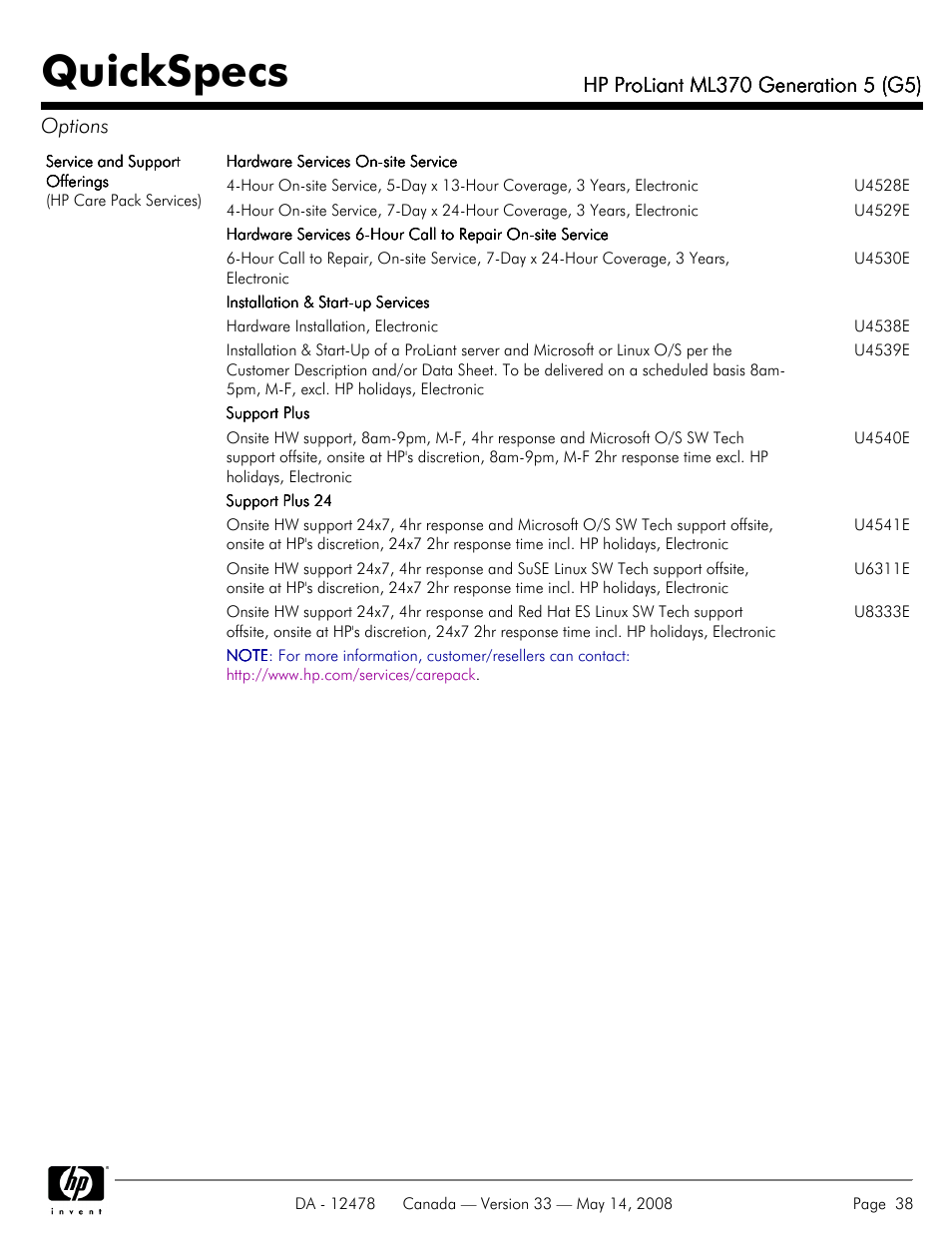 Quickspecs | HP ProLiant ML370 User Manual | Page 38 / 49